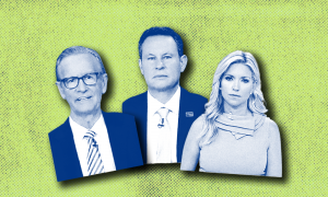 Blue-tinted cutouts of Fox & Friends hosts (from left) Steve Doocy, Brian Kilmeade, and Ainsley Earhardt, against a green background the color of split pea soup..