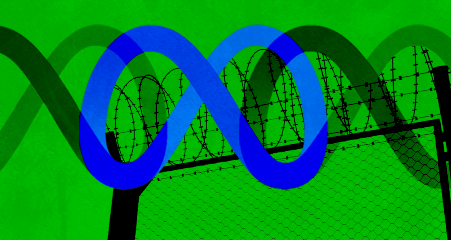 the meta logo in front of a fence on a green background 