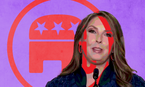 Ronna McDaniel offset to the right with a background GOP elephant logo partially superimposed over her face, against a purple background